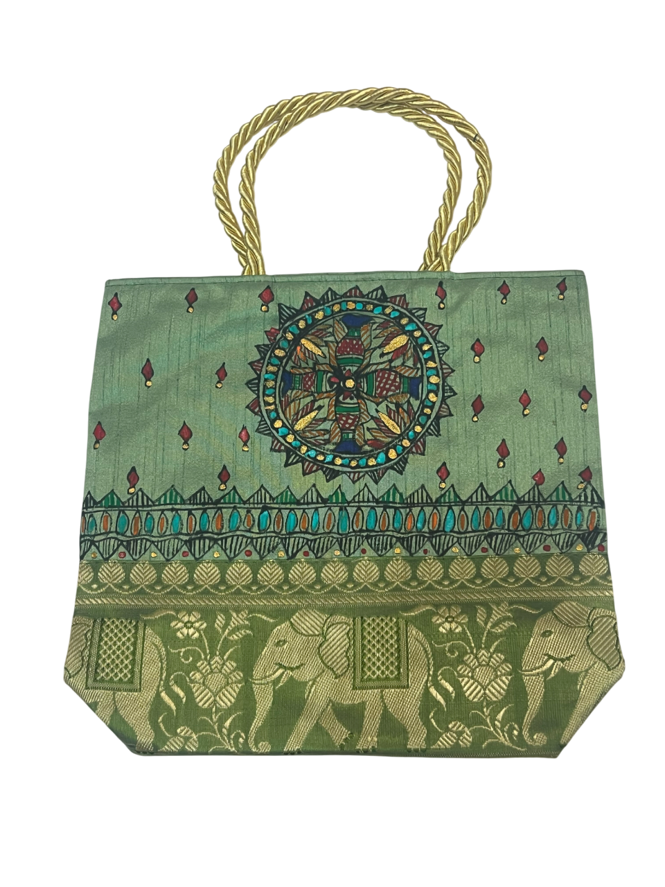 Handpainted Madhubani Bag – Green with Brocade Border, Peacock Motif